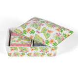 Double deck of textured playing cards in tropical pattern porcelain box