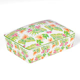 Close-up of textured playing cards in tropical pattern porcelain box