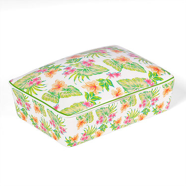 Close-up of textured playing cards in tropical pattern porcelain box