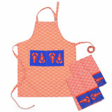 Cotton apron and tea towel set with embroidered lobster and ocean print