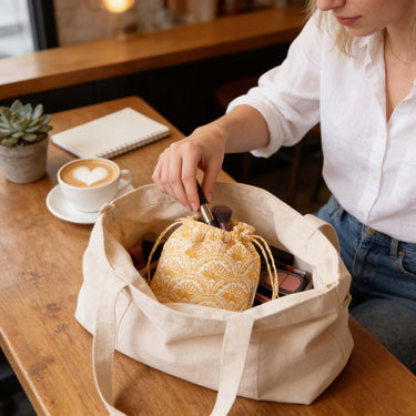Mini drawstring jewelry pouch in coral pattern for rings and necklaces