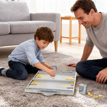 Close-up of metallic silver and silver dices included in the silver color backgammon set