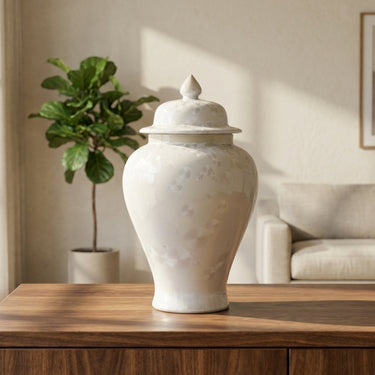 Statement Jingdezhen crystalline glaze jar displayed in an elegant interior setting