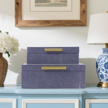 Blue faux shagreen jewelry boxes with soft velvet base by Story & Suns