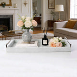 Faux shagreen long tray styled on ottoman for elegant luxury home decor by Story & Suns