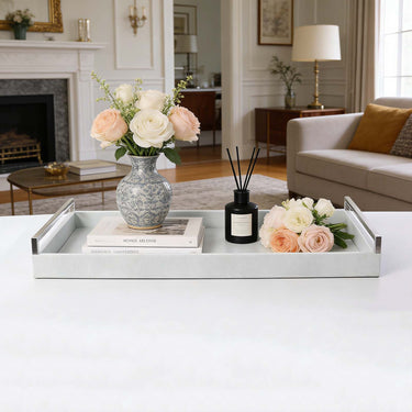 Faux shagreen long tray styled on ottoman for elegant luxury home decor by Story & Suns