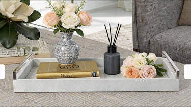 Story & Suns faux shagreen long tray styled on console table as a luxury home accent