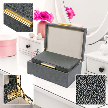 Vegan leather storage boxes with gold hardware and velvet lining