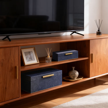 Vegan leather storage boxes with gold hardware and velvet lining