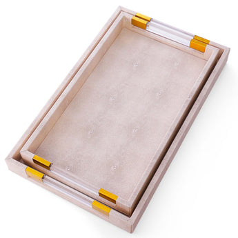 Set of 2 beige vegan shagreen ottoman trays with acrylic and gold handles