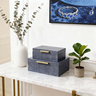 Set of 2 blue shagreen boxes by Story & Suns for modern home decor