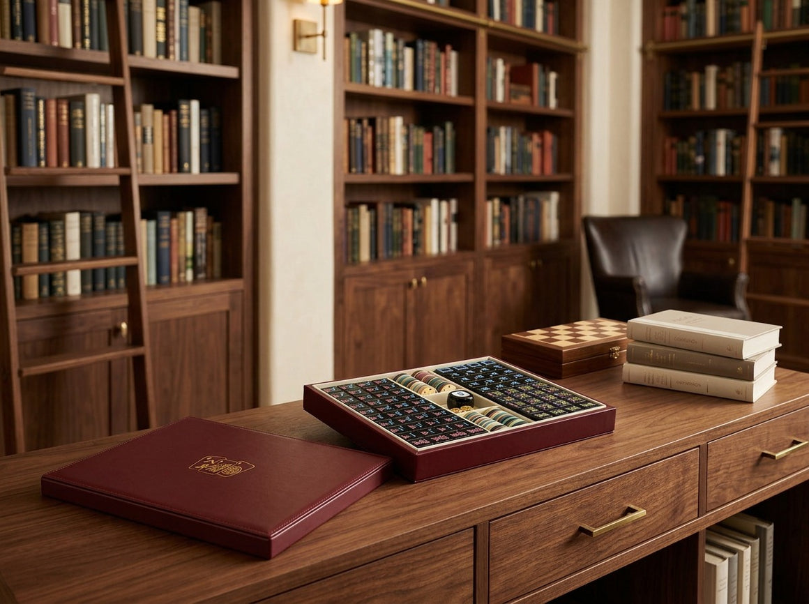 Heritage Burgundy American Mahjong Set with Black Tiles and Display Case