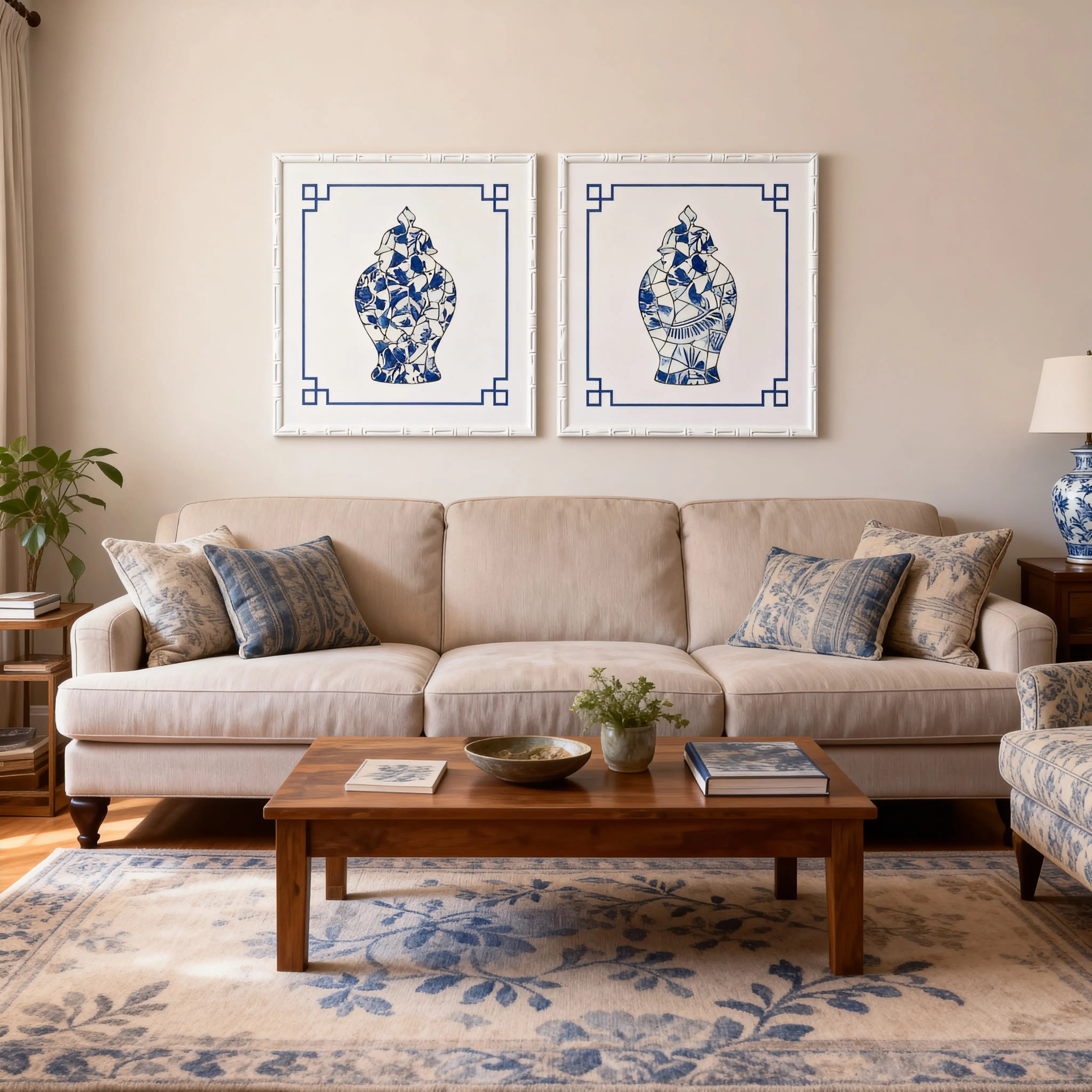 Framed blue and white mosaic wall art set styled in a living room