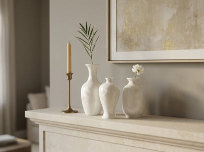 Three crystalline glaze mini vases holding single white flowers and delicate green stems