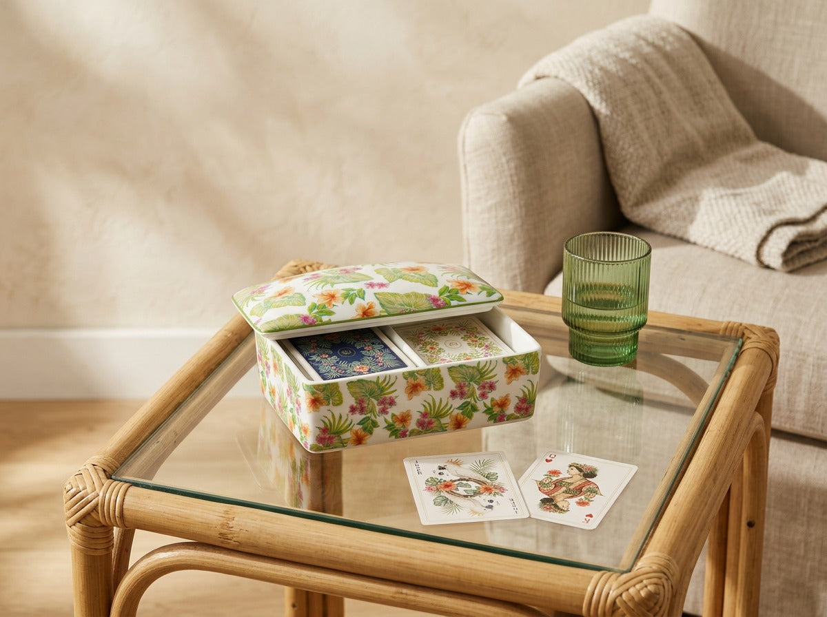 Closed Palm Garden ceramic playing card box decorated with green leaves and coral and pink tropical flowers