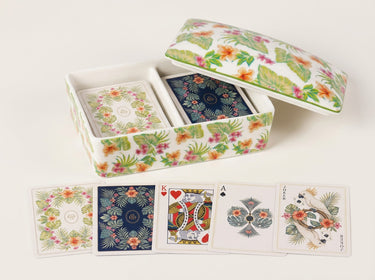 custom court cards and cockatoo Jokers from the Palm Garden ivory and navy playing card decks