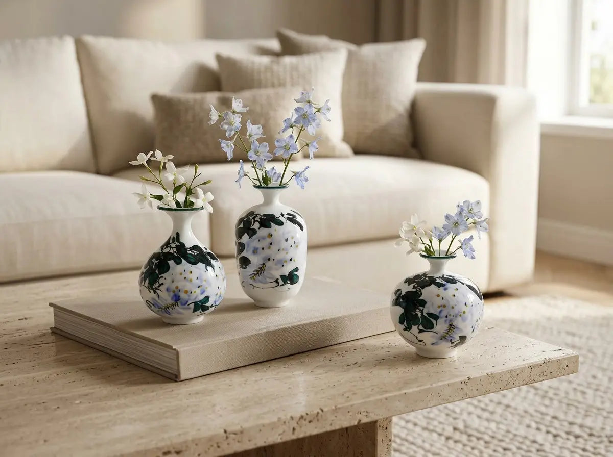 Wisteria Reverie mini bud vase set styled with delicate single stems and small flower clippings.