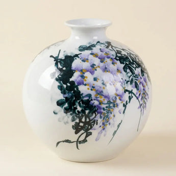 Wisteria Reverie hand-thrown porcelain vase with cascading purple wisteria and deep green vines