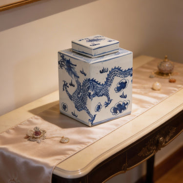 Ancient Chinese porcelain dragon jar with lid as a decorative statement piece
