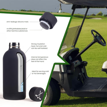 350ml black vacuum insulated drinking bottle with golf logo lid